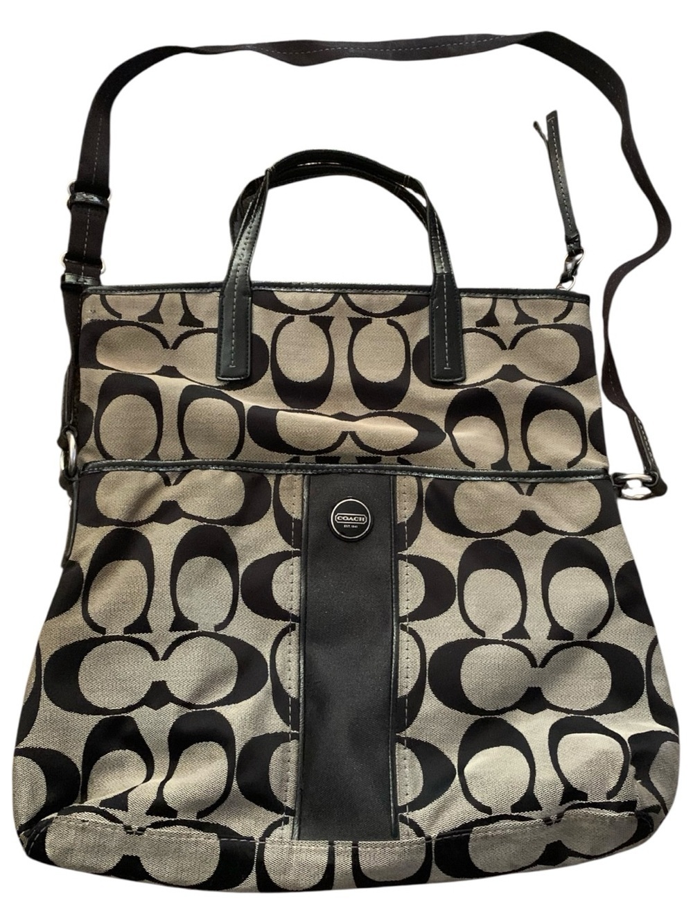 Coach Signature Stripe Foldover Y2K Large Tote Crossbody Bag Black Silver F23304